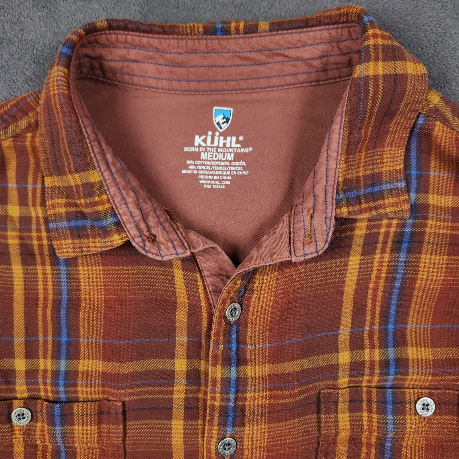 Kuhl Fugitive Flannel Shirt Mens Medium Brown Orange Long Sleeve Cotton Tencel